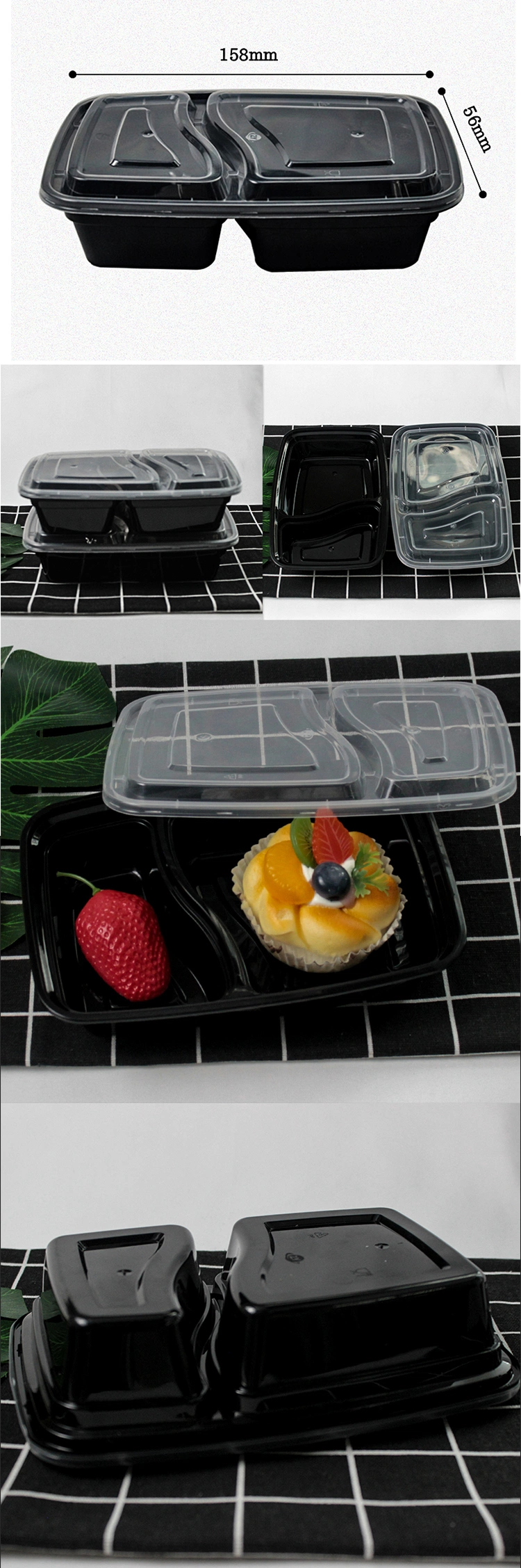Disposable Plastic Tableware 158mm Length PP Plastic Black Box with Clear Lid Custom for Takeaway
