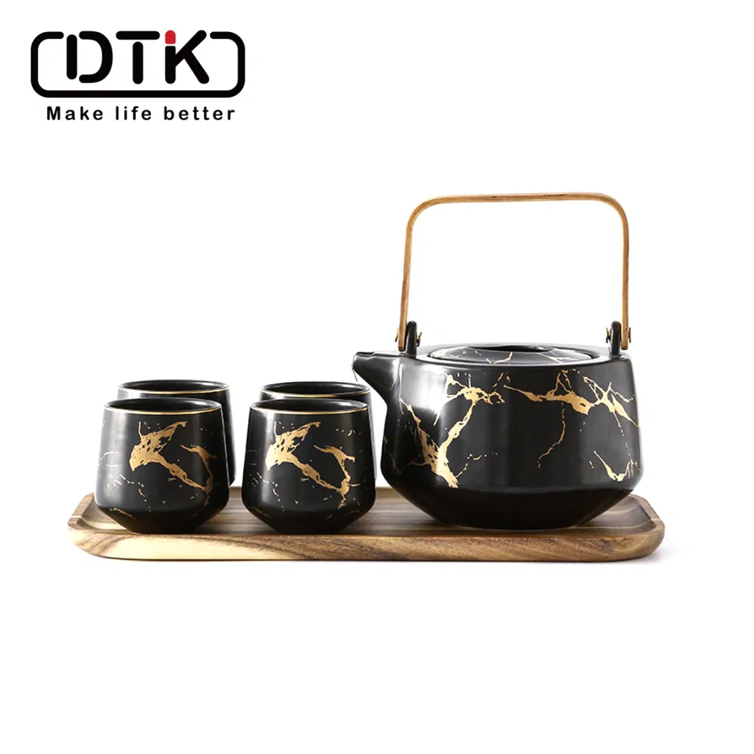 Kitchenware High Quality Ceramic Tea Pot Set with Bamboo Base