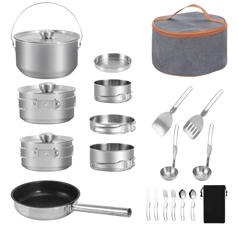 Factory Hot Selling 18PCS Outdoor Cookware Sets Stainless Steel 304 Frying Pans Camp Cooking Pots and Frying Pans