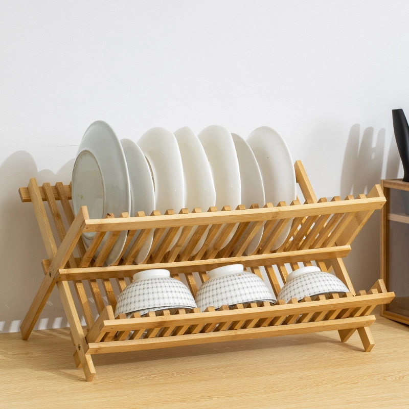 Kitchen Bamboo Wood Over The Sink Stainless Steel Dish Drying Drainer Rack