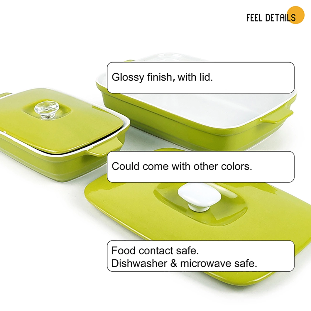 Newly Developed Classic Glossy Finish Solid Color Green Ceramic Bakeware with Lid