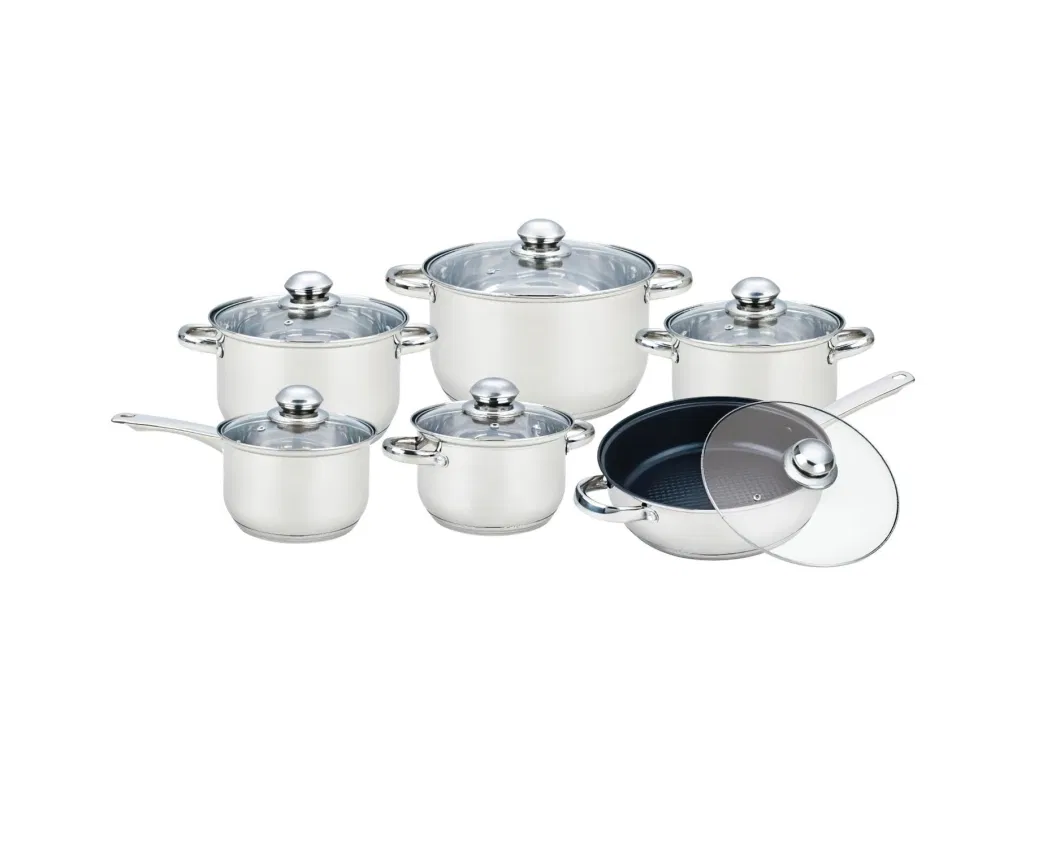 Kitchen Utensil 12PCS Stainless Steel Multistep Bottom Cookware Set with Nonstick Frypan, Metal Low Pot, Casseroles, Saucepan, Induction Compatible