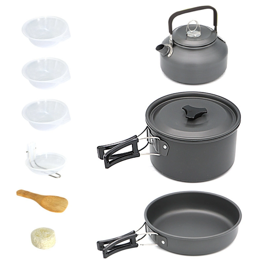 3 in 1 Alumina Outdoor Pot Pan Kettle Camping Cookware Kit Hiking Picnic Self-Driving Folding Cooking Pot Tableware Teapot Set Ci24340