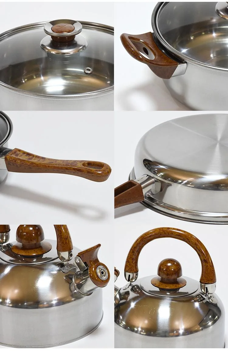 2023 Hot Selling 12PCS Cooking Pot Set Stainless Steel Potware Non-Stick Cookware Set with Wood Grain Handle