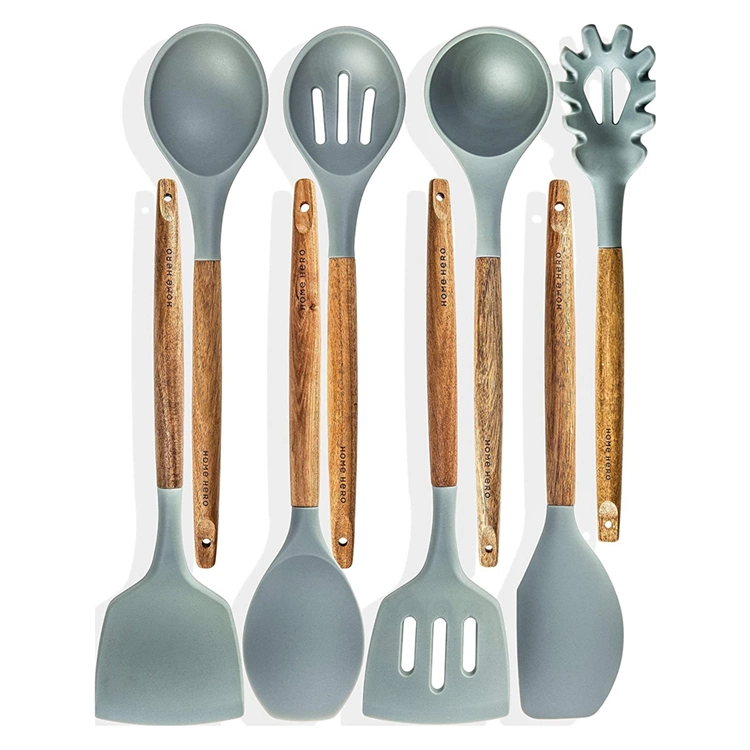 8-Piece Silicone Kitchenware Set with Wooden Handle Kitchen Utensils Spatula Spoon Cookware Kitchen Cooking Tool Silicone Mold