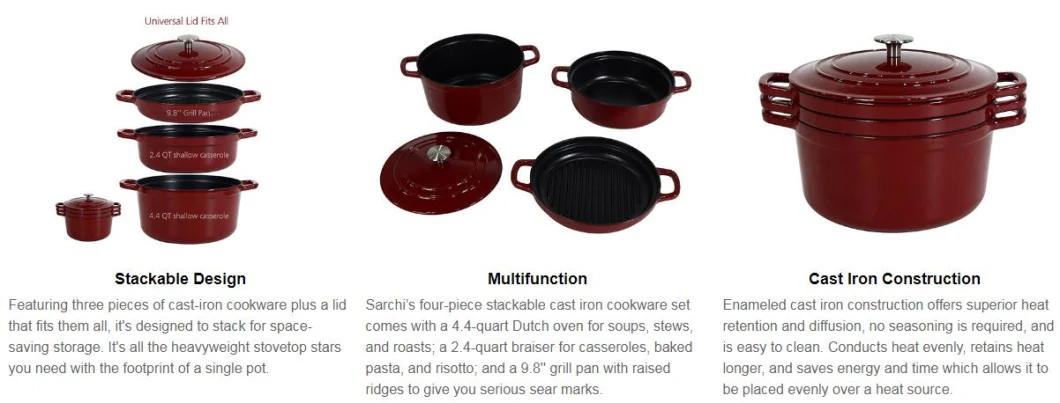 Smart Storage Cooking Pot Set Enameled Cast Iron 4-Piece Cookware Set Stackable Dutch Oven