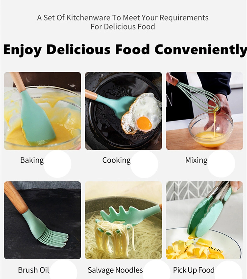 Custom Silicone Kitchenware 12 Pieces Cookware Household Kitchen Utensils Set with Wooden Handle