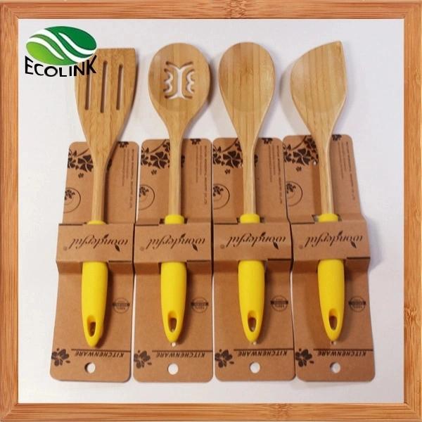 Colorful Silicone Handle Bamboo Cooking Spoon Kitchen Utensil Tools Set