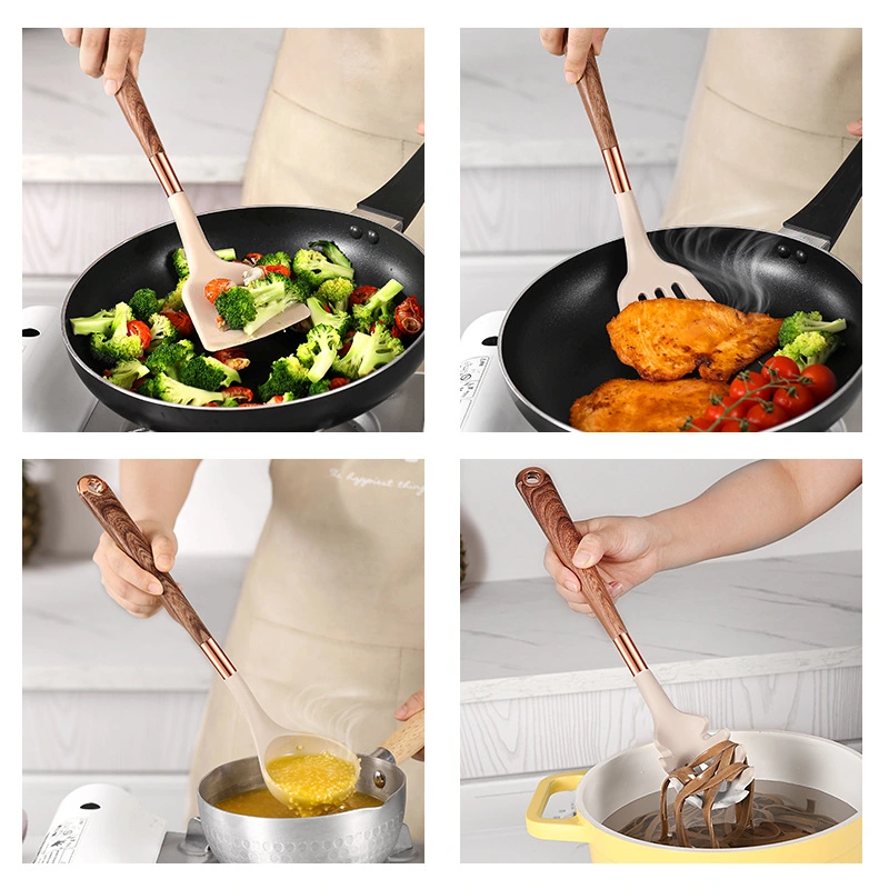 Wooden Handle Silicone Kitchenware Cooking Tools Cookware Kitchen Utensil Set with Storage Box