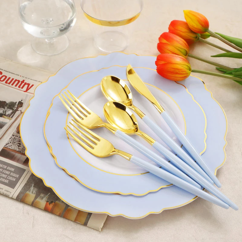 Party Supplies Plastic Tableware Set Blue Charger Plates Plastic Sets Gold Cutlery Set with Plate for Wedding