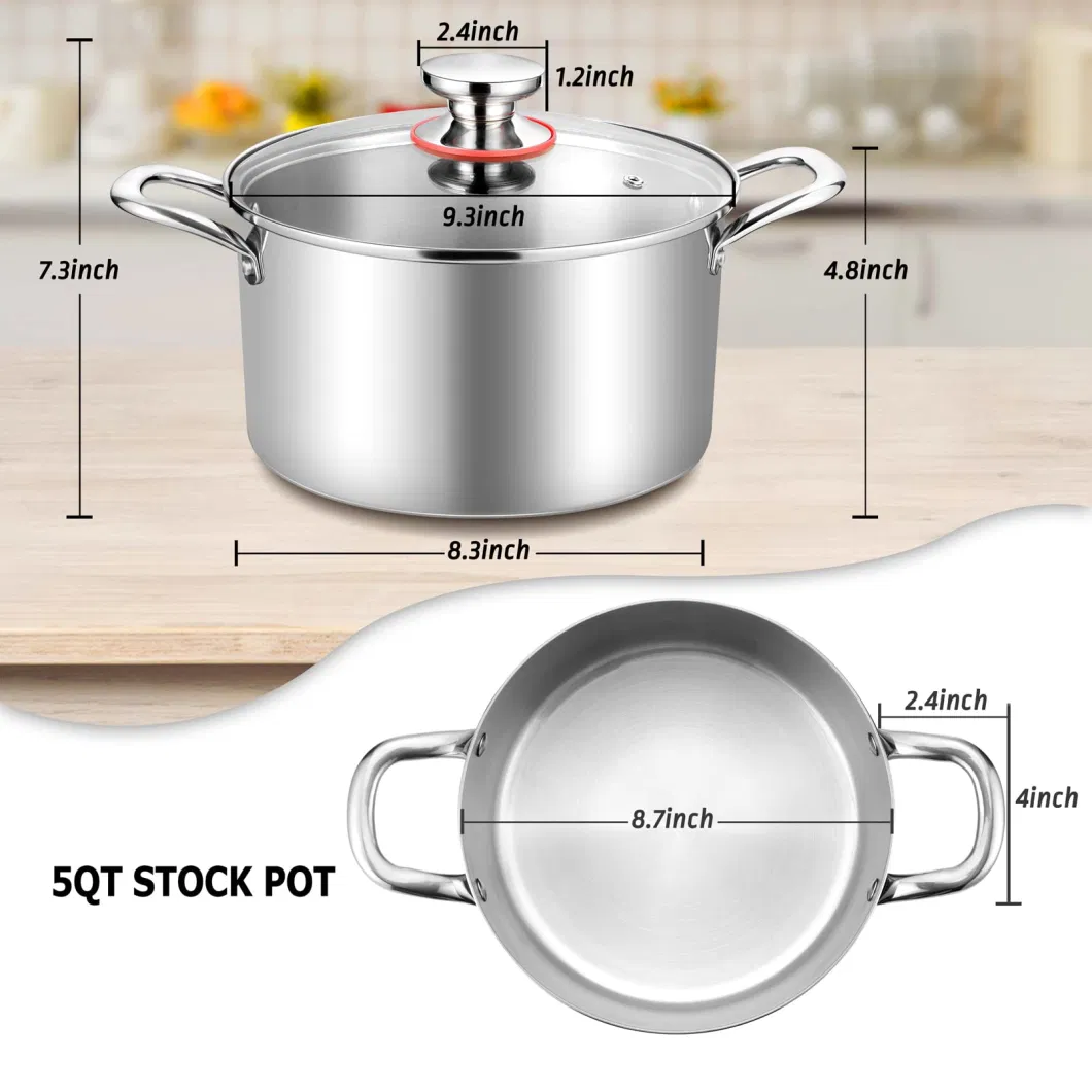 Cookware 5 Quart Stock Pot Stainless Steel Pasta Soup Glass Lid Pot