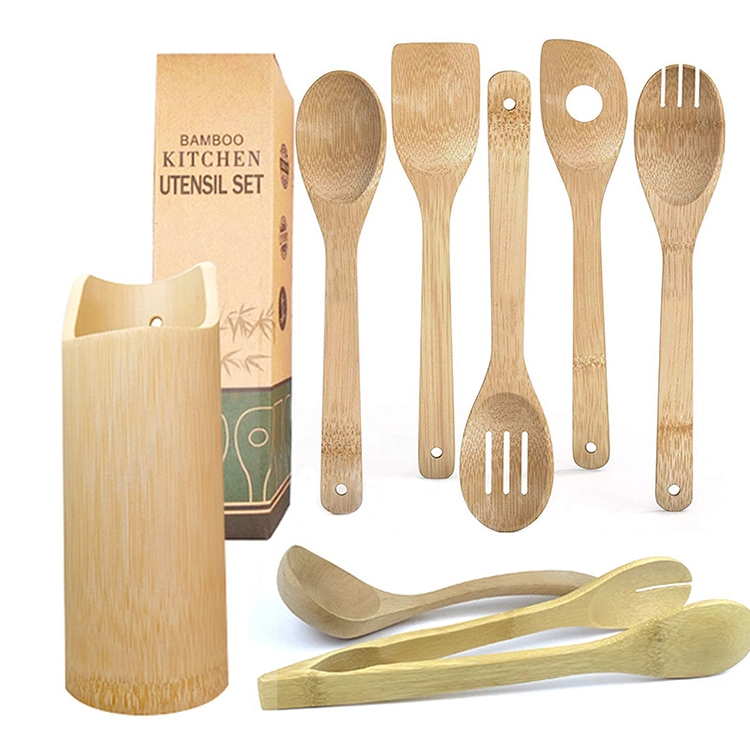 8PCS Custom Bamboo Nonstick Kitchen Natural Teak Wooden Utensils Set with Spatula for Cooking