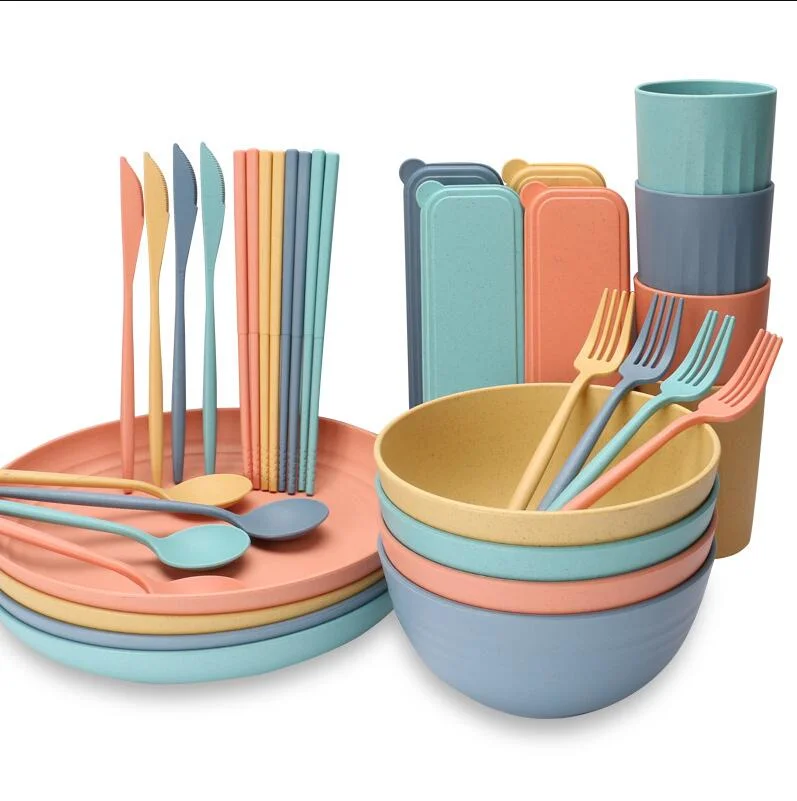 Hot Sale Kids Wheat Straw Dinner Set Tableware Degradable Plates Cup Tableware Set BPA Free Cutlery Dinnerware Set