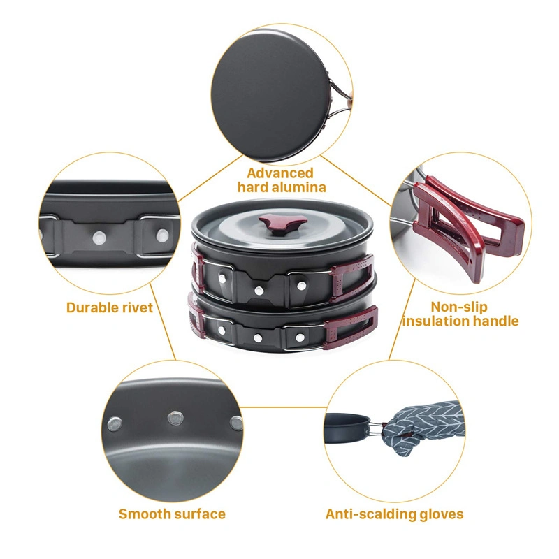 Outdoor Advanced Hard Aluminum Non-Stick Pan Cookware Set 3 in 1 Picnic 2-3 Person Camping Cooking Combination Tableware Set for Hiking Camping