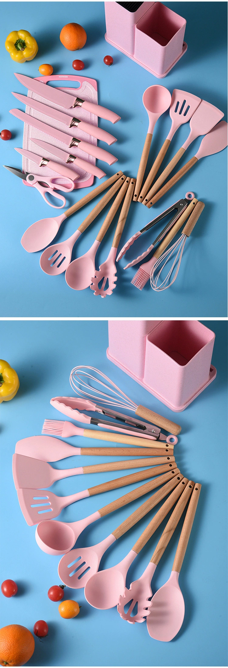 19-Piece Kitchen Gadget Tool Silicone Kitchen Utensil Set with Wooden Handle and Cuttings Board Storage Bucket