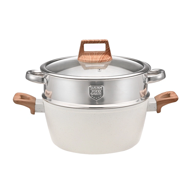 Factory Wholesale 12PCS Cooking Pot Marble White Non Stick Cooking Aluminium Cookware Set Wooden Handle