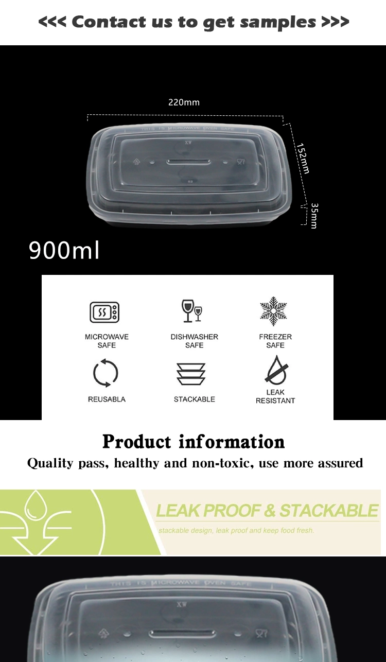 Takeaway Wholesale Disposable Plastic Tableware 900ml PP Plastic Black Box with Lid Custom