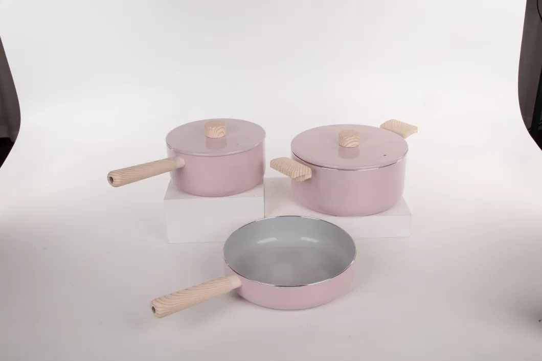 Pink Cookware Factory Wood Bakelite Handle Deep Fry Pan Stockpot Pan Set with Induction Bottom
