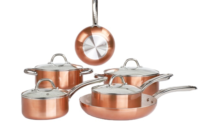 10PCS Cooking Pots and Pans Stainless Steel Handle Cookware Set with Metal Surface Ceramic Coating