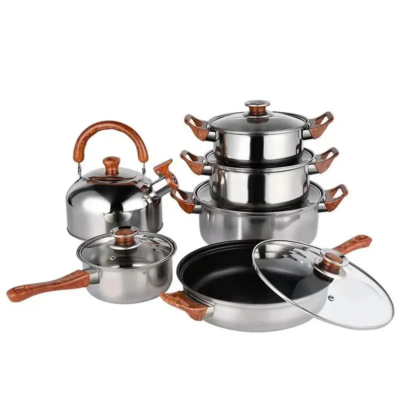 2023 Hot Selling 12PCS Cooking Pot Set Stainless Steel Potware Non-Stick Cookware Set with Wood Grain Handle