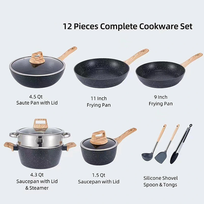 Factory Wholesale 12PCS Cooking Pot Marble White Non Stick Cooking Aluminium Cookware Set Wooden Handle