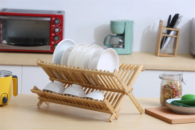 Kitchen Bamboo Wood Over The Sink Stainless Steel Dish Drying Drainer Rack