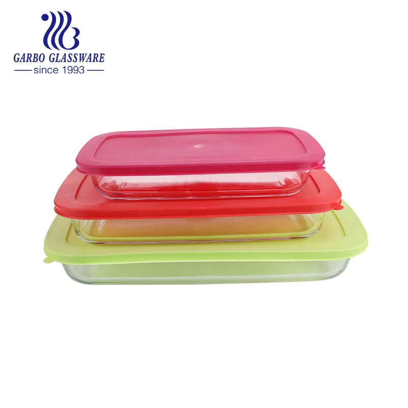 Wholesale High Borosilicate Rectangle Microwave Oven Bake Oven Safe Glass Baking Dish Square Bakeware with Customize Design Pattern Colored Plastic Lid