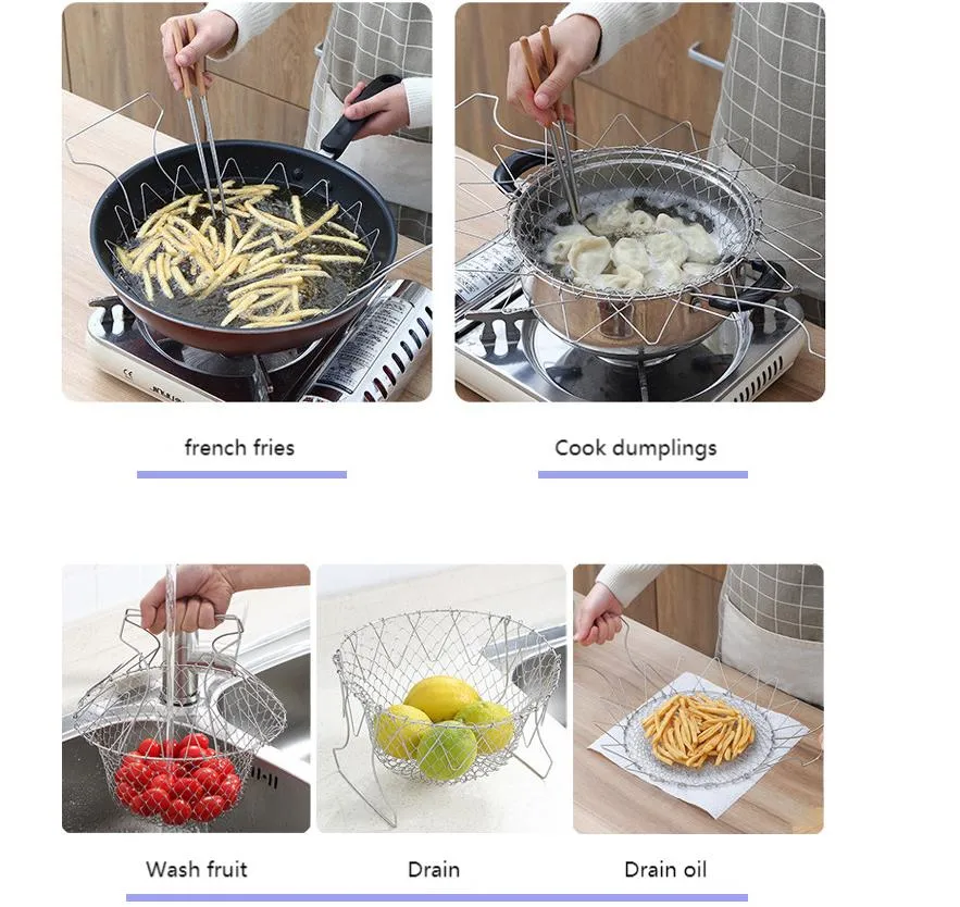 Mingwei Stainless Steel Foldable Deep Frying Basket, Filter Mesh Kitchen Colander Cooking Tool for Washing Fruits and Vegetables