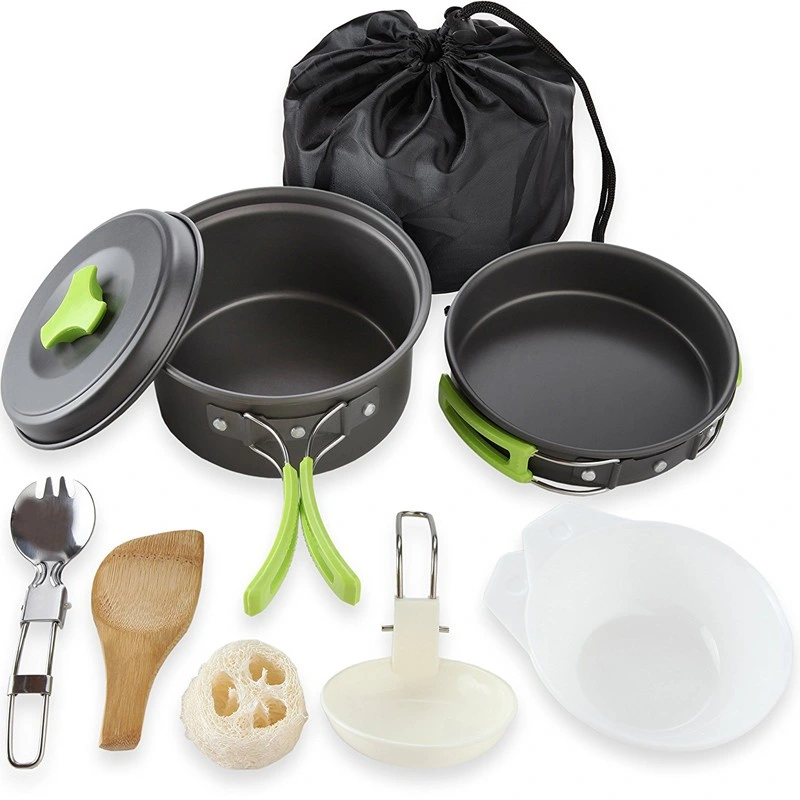 Outdoor Camping Cookware Mess Kit Aluminum Cooking Pot Frying Pan Set