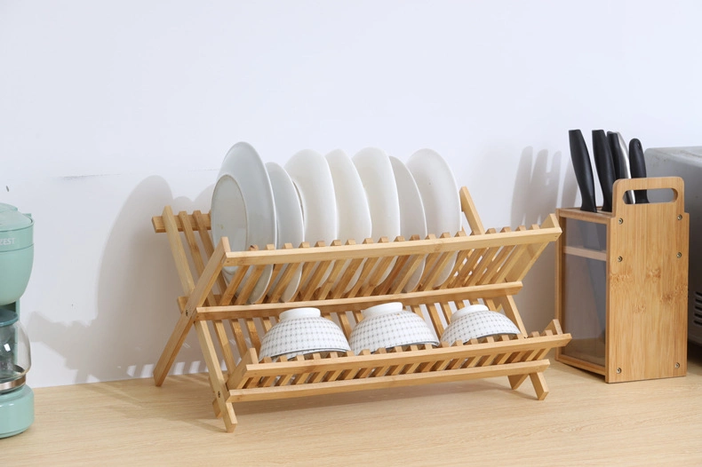 Kitchen Bamboo Wood Over The Sink Stainless Steel Dish Drying Drainer Rack