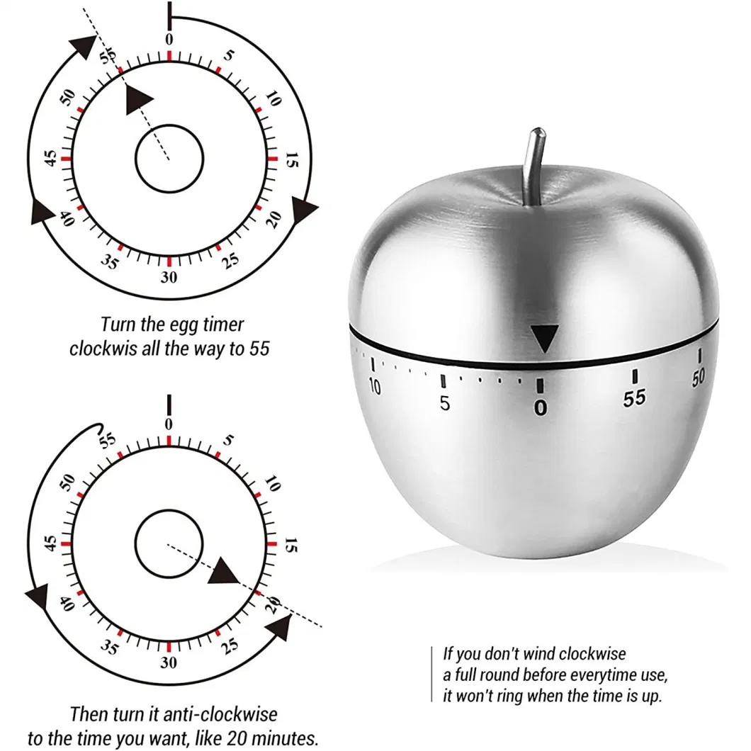 Promotional Gift Stainless Steel Apple Kitchen Timer with 60 Minutes