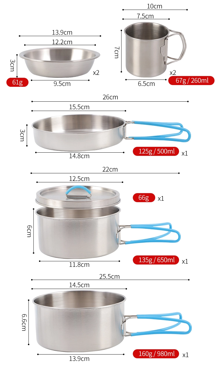Eight-Piece Hiking Portable Cup Pot Pan Cooking Ware Utensils SUS304 Mess Kit Stainless Steel Outdoor Camping Cookware Set