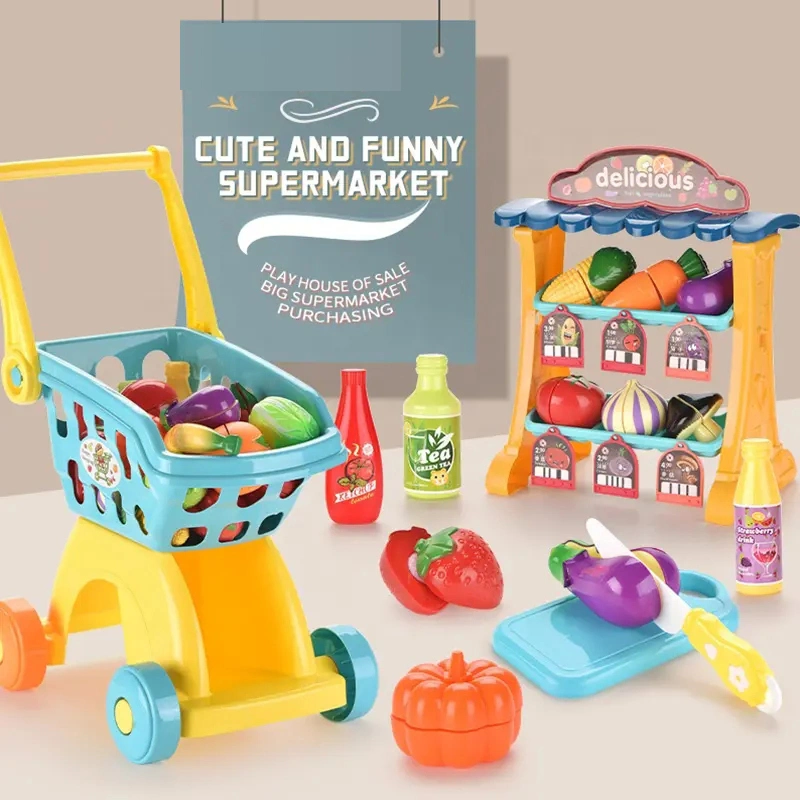 Play House Toy Combination Educational Plastic Pretend Play Shopping Game Mini Fruit Cart Colorful Educational Kitchenware Toys Kitchen Sets