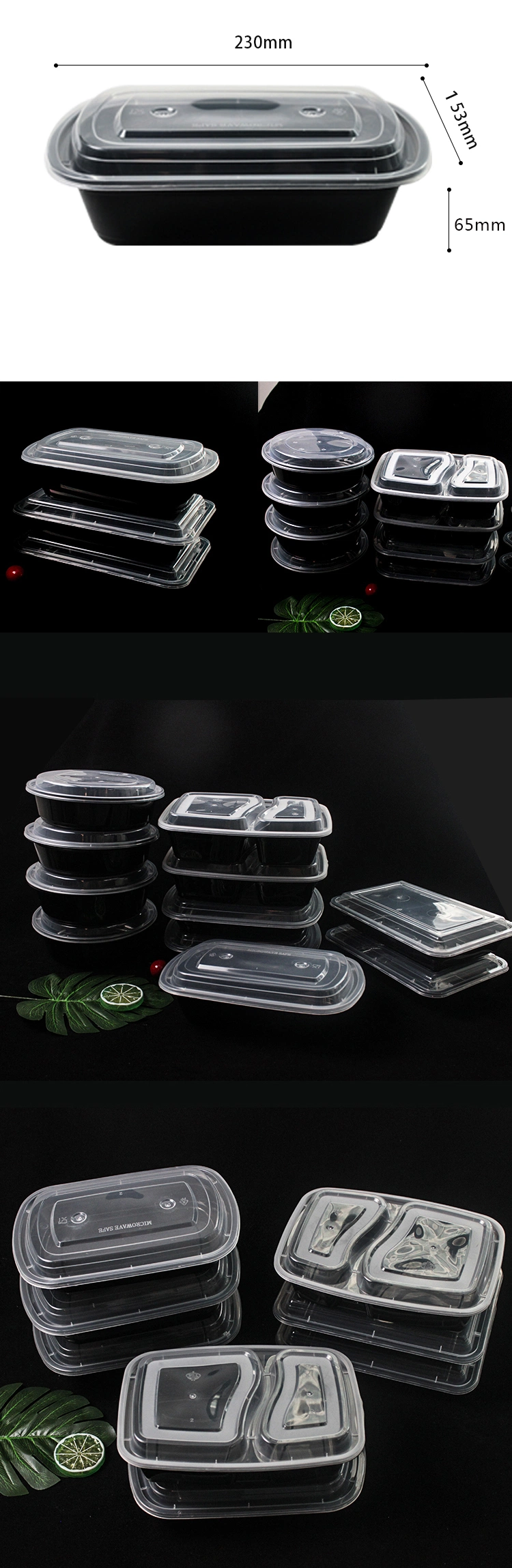 Disposable Plastic Tableware 225mm Length PP Plastic Fresh-Keeping Black Box with Clear Lid for Dinner