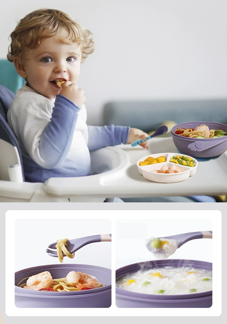 Wholesale Stock Feeding Spoon Set Baby Training Suction Bowls with Dispenser Lattice