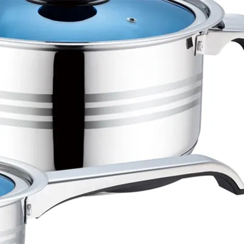 50PCS Stainless Steel Casserole Fry Pan Pots Manufacturer Kitchen Cooking Pot Saucepan Cookware Set with Blue Glass Lid for African &amp; South American Market