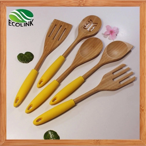 Colorful Silicone Handle Bamboo Cooking Spoon Kitchen Utensil Tools Set