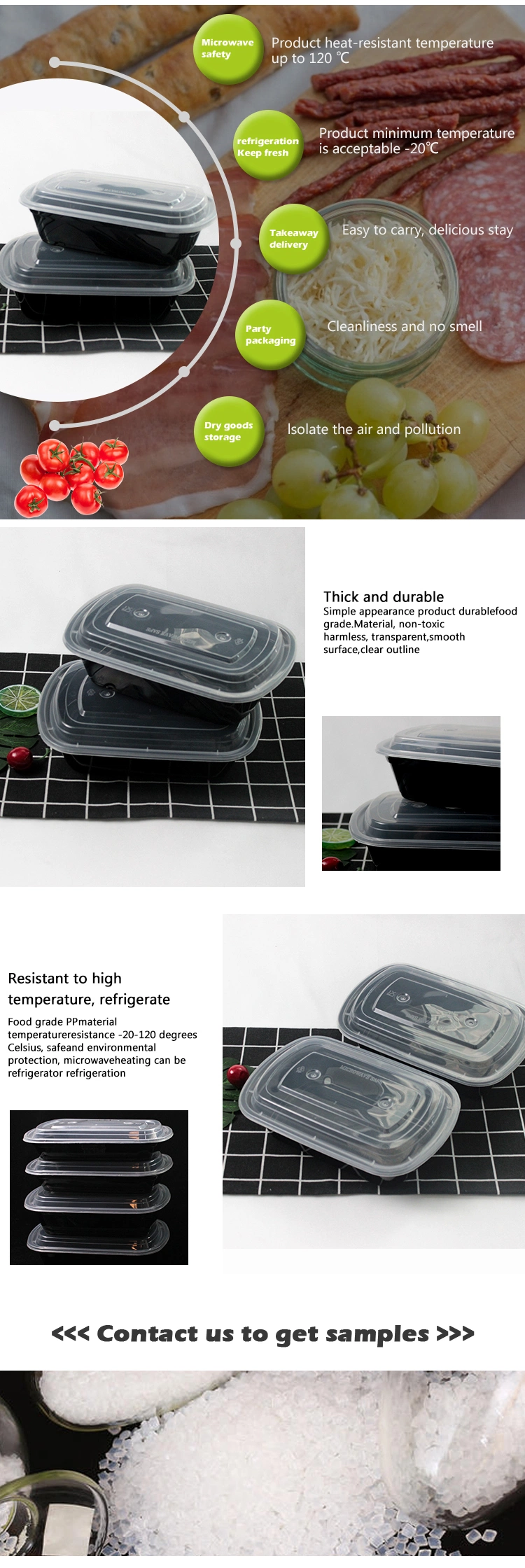Disposable Plastic Tableware 225mm Length PP Plastic Fresh-Keeping Black Box with Clear Lid for Dinner