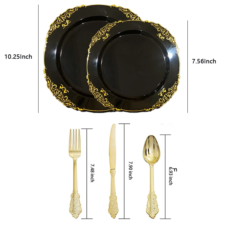 Reusable Plastic Party Cutlery Set Tableware Charger Plastic Black Gold Cutlery Set with Plate for Wedding
