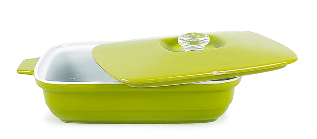 New Design Classic Glossy Finish Solid Color Green Ceramic Bakeware Set with Lid