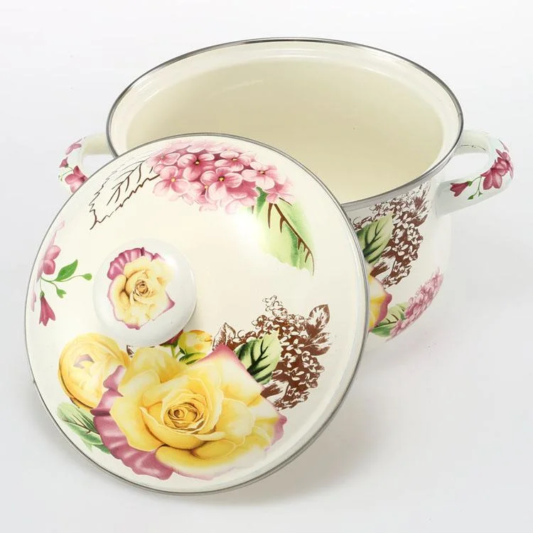 22cm Good Quality Gold Rose Flower Enamel Camping Kitchen Pots Cookware Enamel Soup Pot