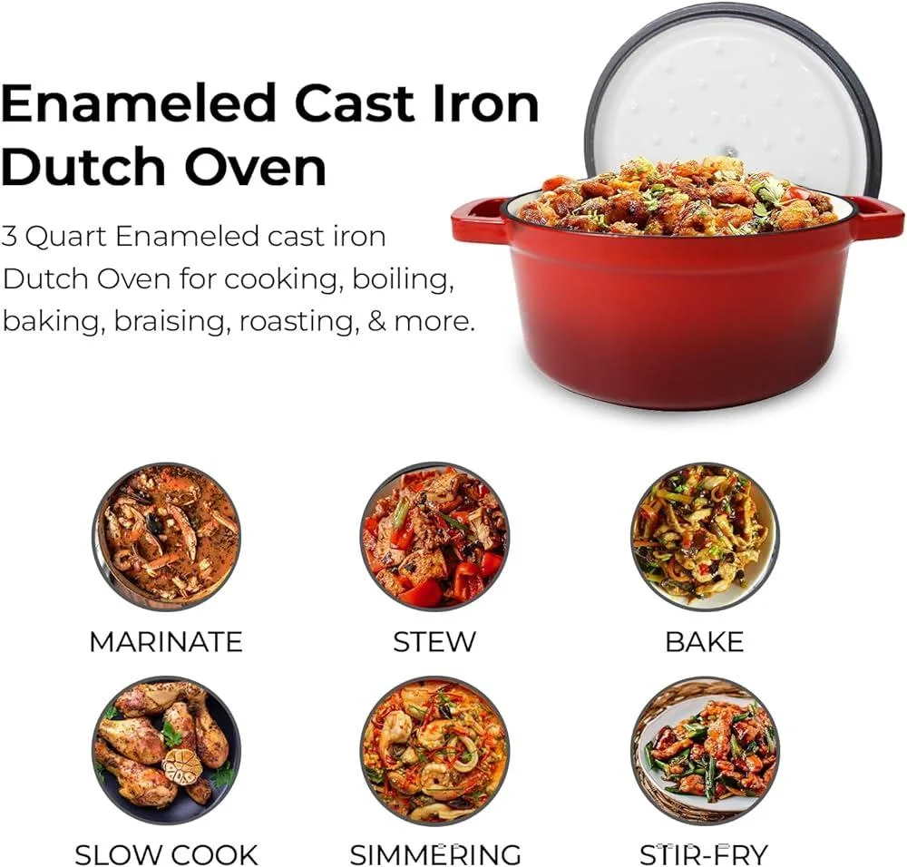 Non-Stick Casserole Bread Baking Cooking Pot Enameled Cast Iron 3 Quart Dutch Oven Casserole