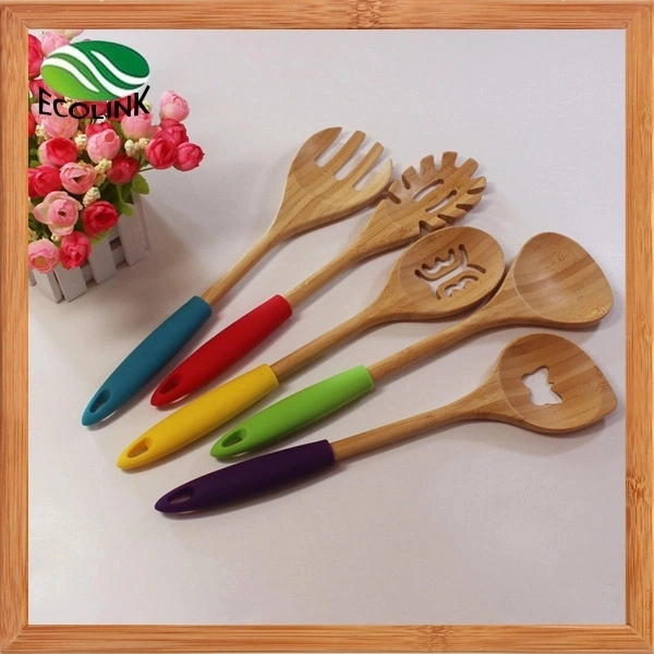 Colorful Silicone Handle Bamboo Cooking Spoon Kitchen Utensil Tools Set