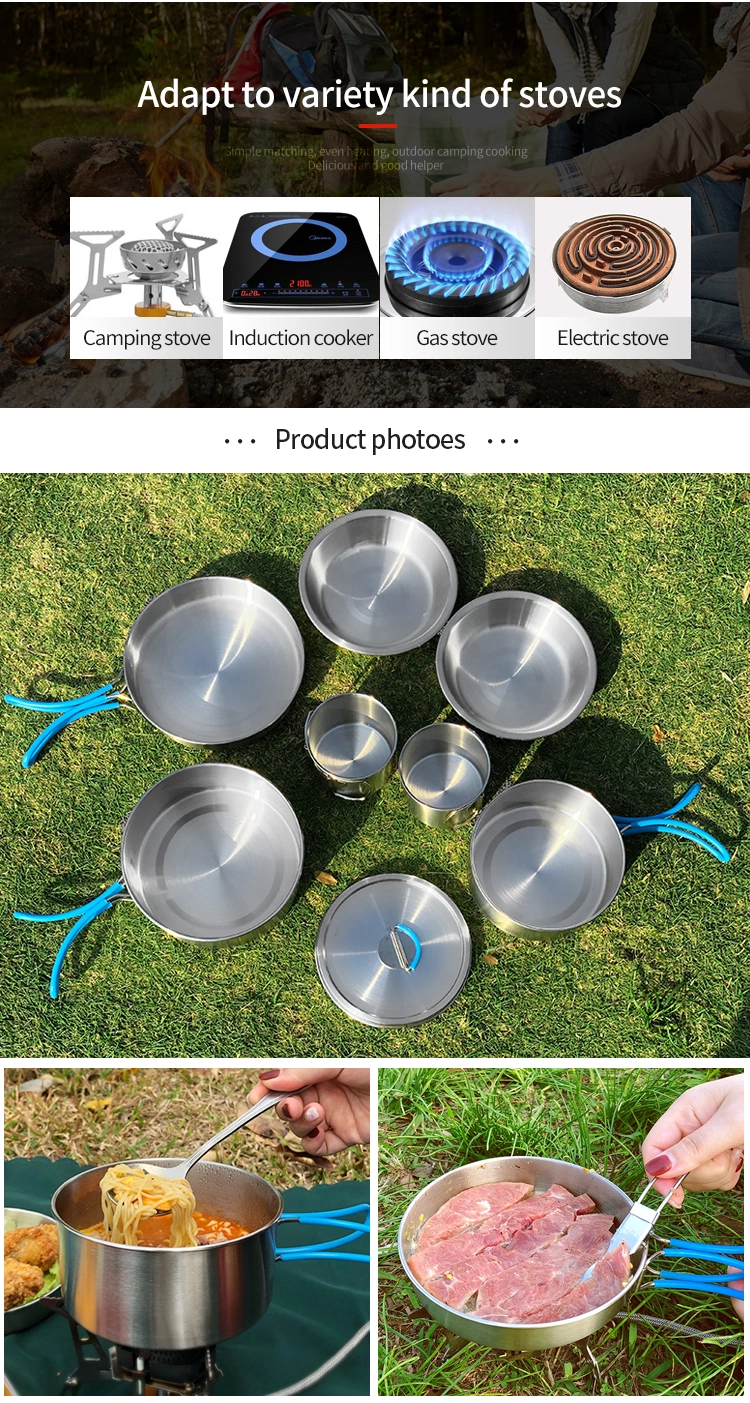 Eight-Piece Hiking Portable Cup Pot Pan Cooking Ware Utensils SUS304 Mess Kit Stainless Steel Outdoor Camping Cookware Set