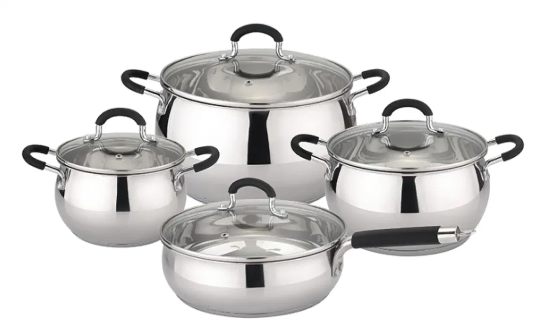 8PCS Cookware Stainless Steel Belly Shape Induction Pot Sets with Anti-Scald Handles, Non Stick Pan, Kitchen Metal Cooking Soup Pots, All Stovetops Compatible