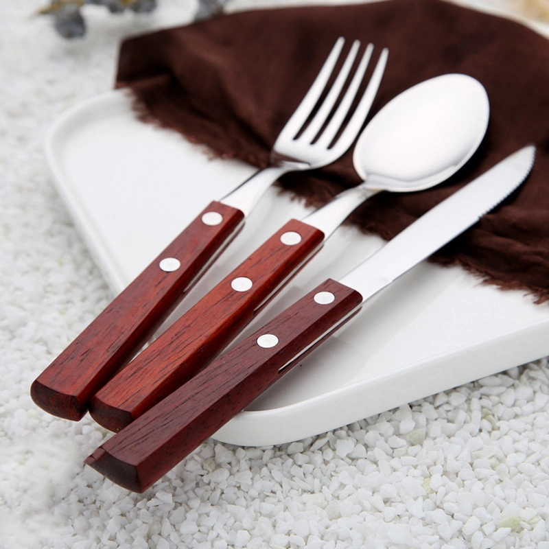 3 Piece Wooden Handle Cutlery Set Stainless Steel Silverware Set Utensil Set for Home Kitchen Tableware