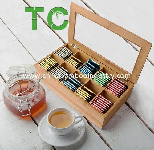 Natural Bamboo Tea Bag Storage Box with 10 Compartments Storage Organizer Wooden Storage Chest Tea Organizer Box