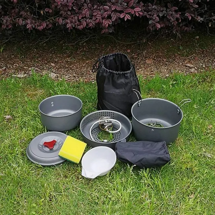 Windproof Boiler Pot Stove Bowl Sponge Portable Outdoor Camping Cookware Set