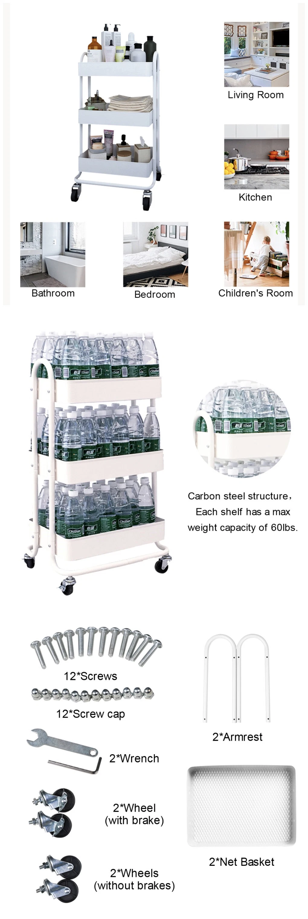 Multi-Purpose Steel Cart Kitchen Vegetable Trolley Movable Storage Metal Utility Rolling Cart