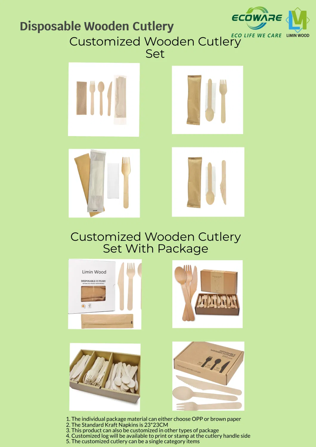 Factory Direct Wooden Cutlery Disposable Wood Cutlery Tableware Spoon Fork Knife Napkin Set